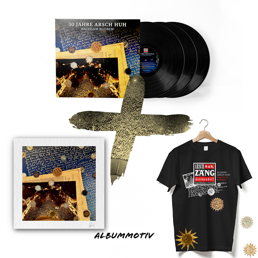 3fach Vinyl, limitiertes T-Shirt (Album-Design), Kunstdruck (limitiert, nummeriert & handsigniert) Arsch Huh